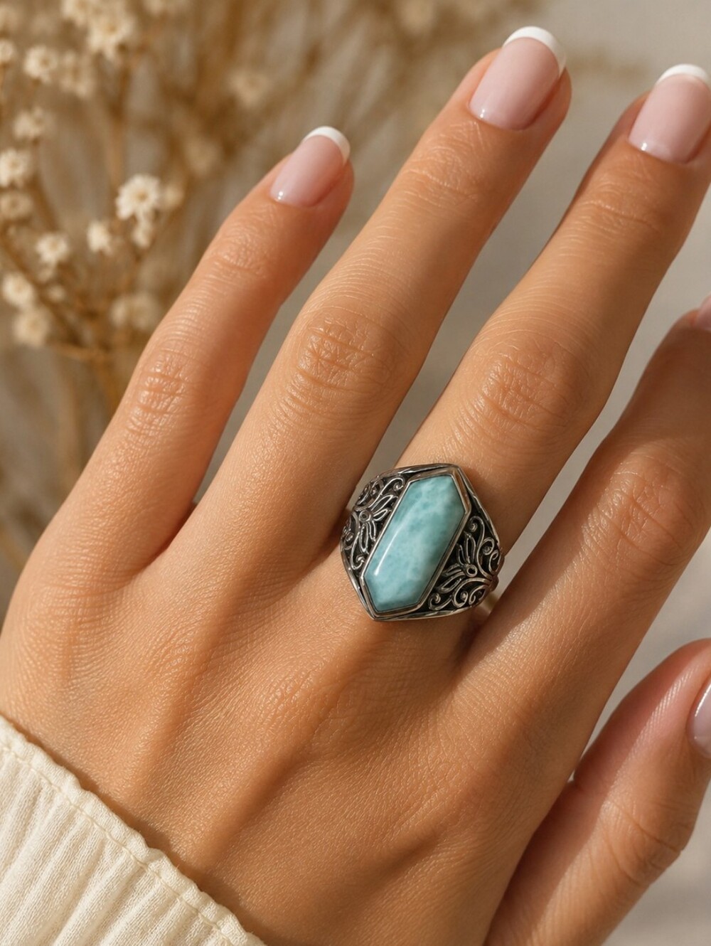 BBJ Sterling Silver 925 Filigree Natural Blue Larimar Statement Ring Sz 9.75 EUC